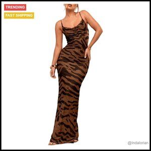 Y2K Zebra Print Maxi Dress Cowl Neck Bodycon Formal Beach Vacation